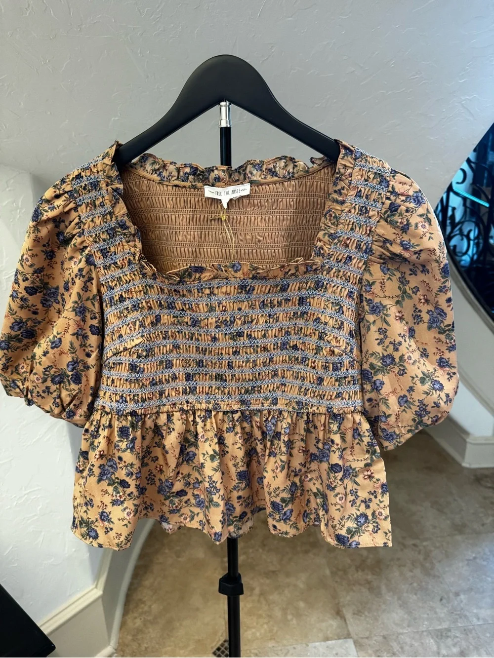 Free The Roses Floral Smocked Peasant Top in Peach